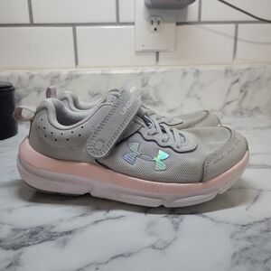Little Girls Under Armour Gray and Pink Tennis Shoes with Velcro Strap